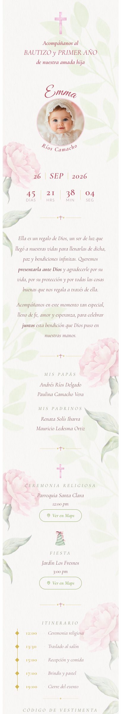 Invitación de bautizo con acuarelas florales en rosa y verde salvia