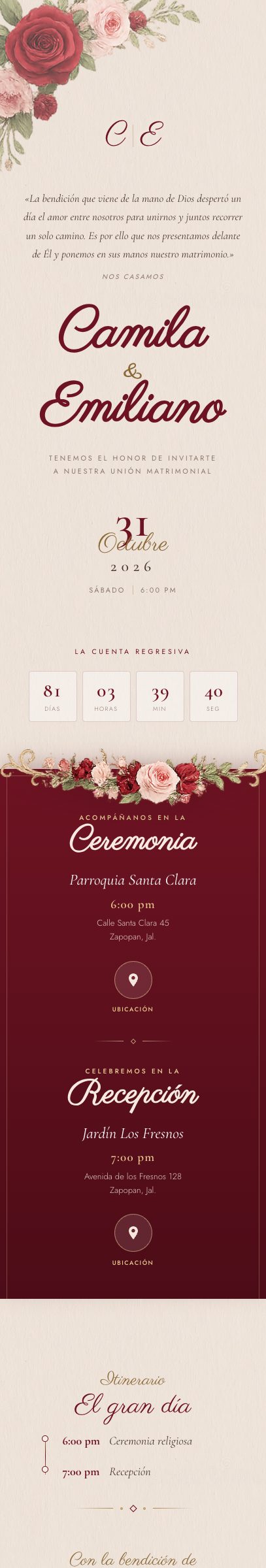Invitación de boda con rosas en tinta granate y monograma de los novios