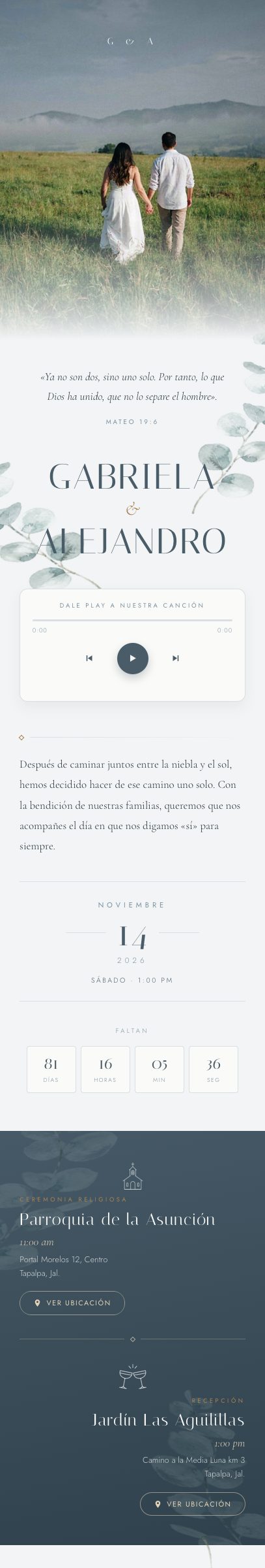 Invitación de boda en azul niebla, con línea de tiempo ilustrada y acuarelas de eucalipto