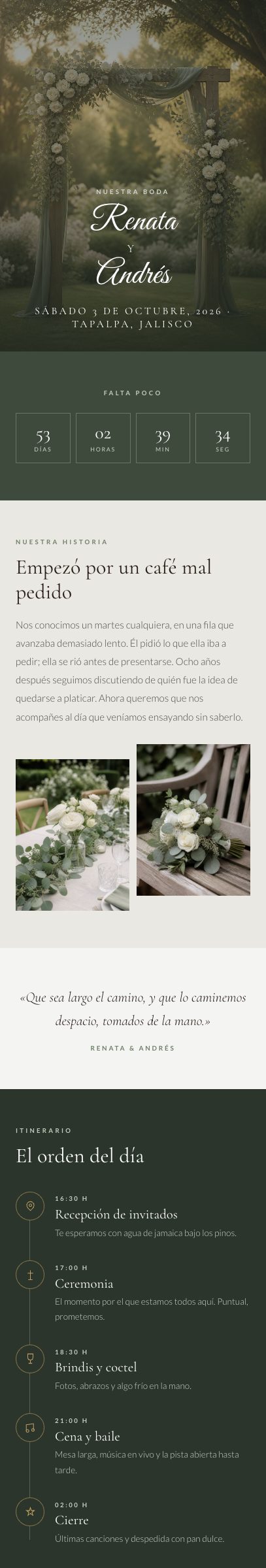Invitación de boda en verde salvia, con sobre de apertura y cronología vertical