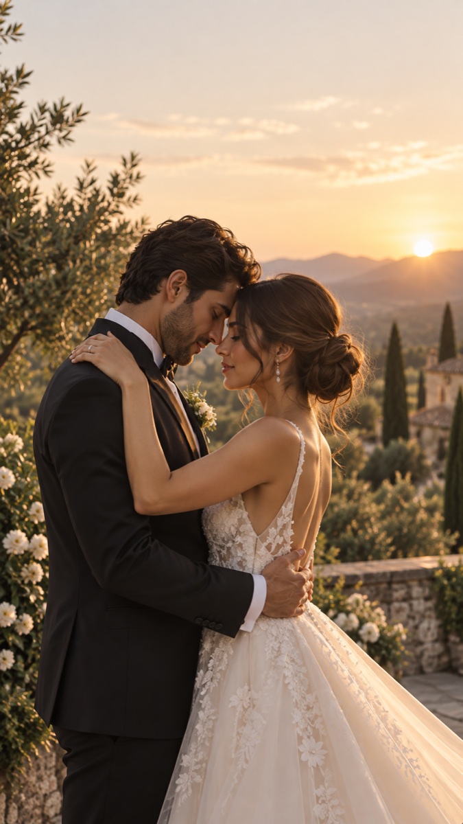 Invitación de boda editorial con una pareja entre olivos al atardecer
