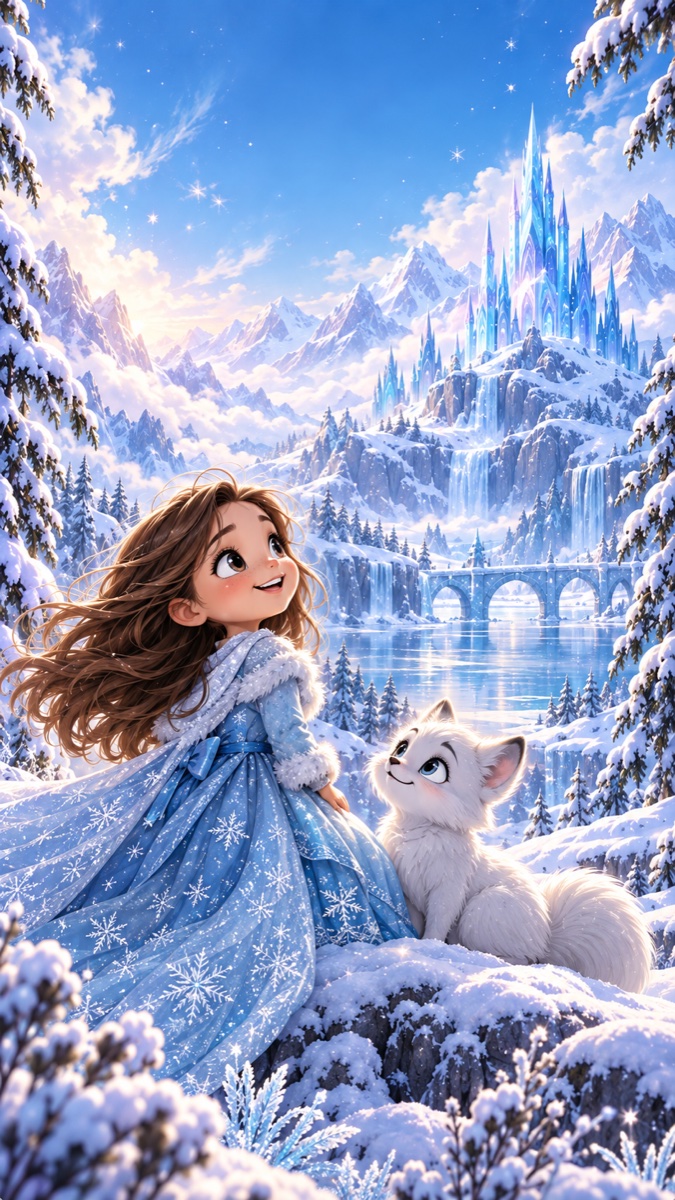 Invitación infantil ilustrada con una niña, un zorro blanco y un reino nevado