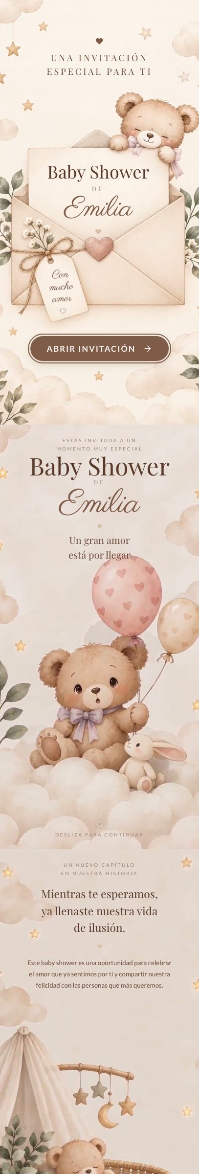 Invitación de baby shower en acuarela: sobre con un osito asomándose y tarjeta con el nombre de la bebé